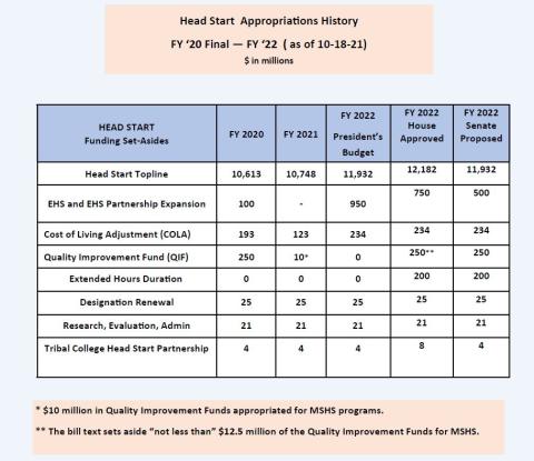 FY2022 Appropriations table